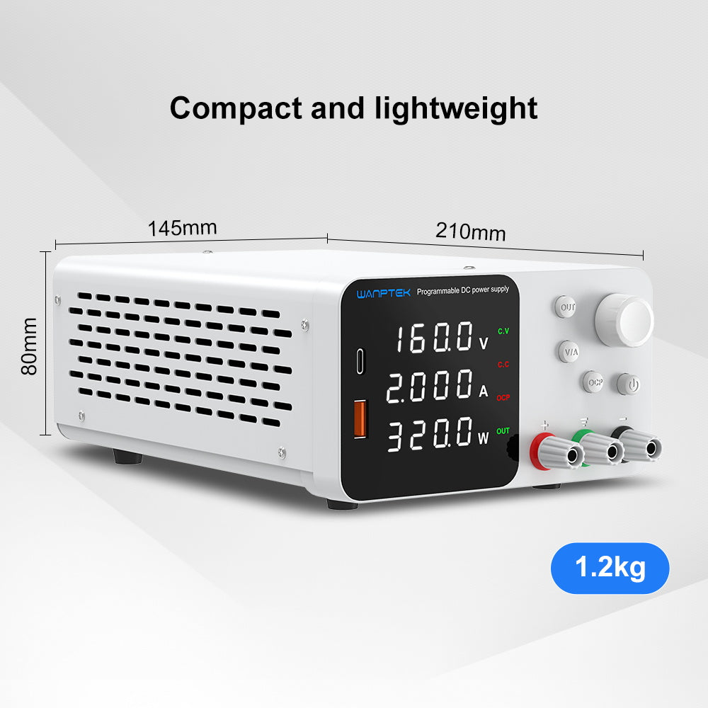 WANPTEK TPS1602 Adjustable Regulated DC Power Supply, 160V 2A, Encoder Adjustment, USB Type-C Fast Charging, 4-Digit Display, Low Noise, A/V Switching, Cooling Fan White - UK Plug