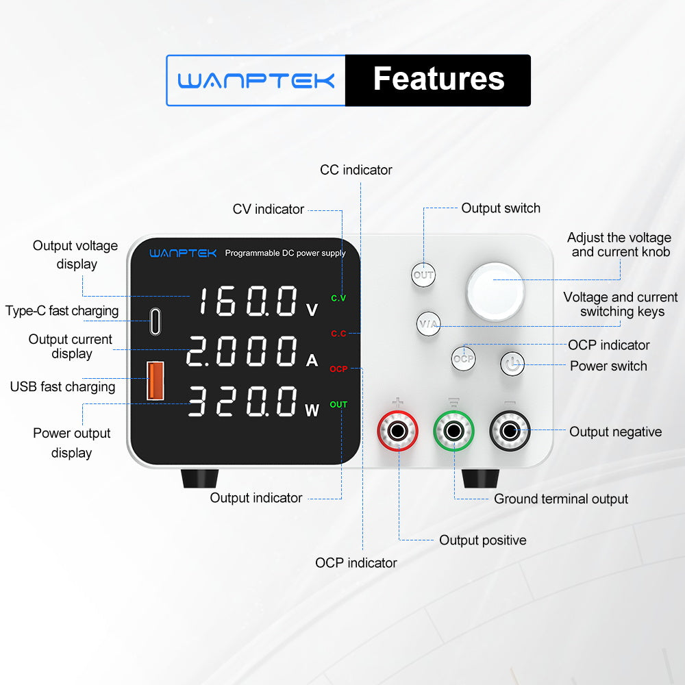 WANPTEK TPS1602 Adjustable Regulated DC Power Supply, 160V 2A, Encoder Adjustment, USB Type-C Fast Charging, 4-Digit Display, Low Noise, A/V Switching, Cooling Fan White - UK Plug