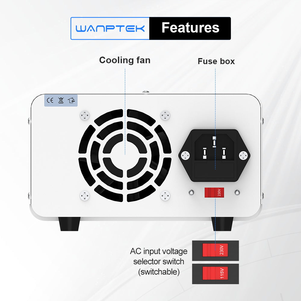 WANPTEK TPS1602 Adjustable Regulated DC Power Supply, 160V 2A, Encoder Adjustment, USB Type-C Fast Charging, 4-Digit Display, Low Noise, A/V Switching, Cooling Fan White - UK Plug