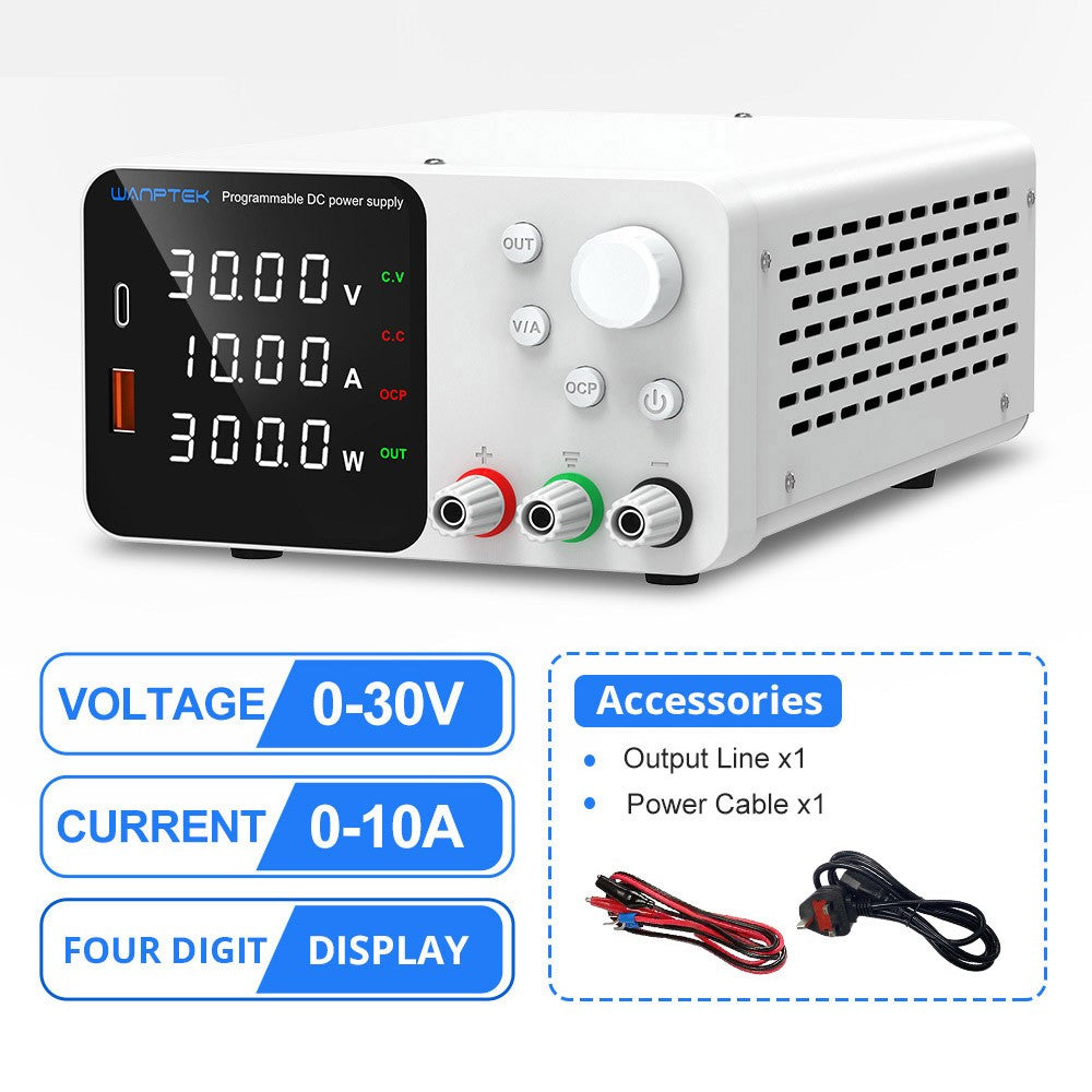 WANPTEK TPS3010 Adjustable Regulated DC Power Supply, 30V 10A, Encoder Adjustment, USB Type-C Fast Charge, 4-Digit Display, Low Noise, A/V Switching, Cooling Fan White - UK Plug