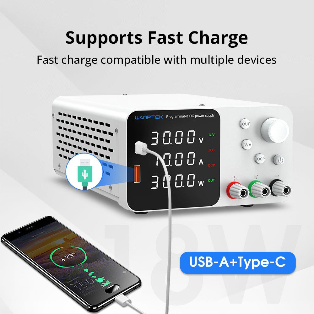 WANPTEK TPS3010 Adjustable Regulated DC Power Supply, 30V 10A, Encoder Adjustment, USB Type-C Fast Charge, 4-Digit Display, Low Noise, A/V Switching, Cooling Fan White - UK Plug