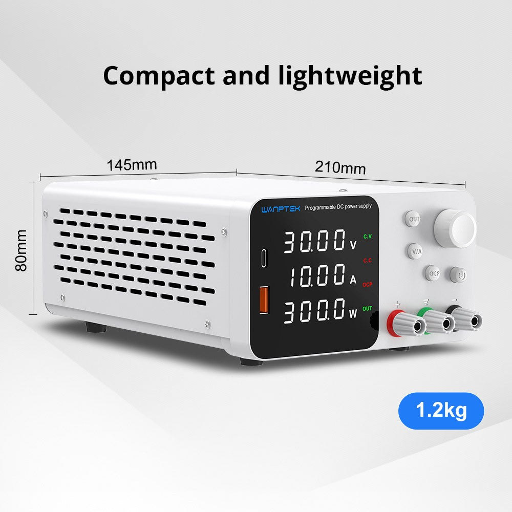 WANPTEK TPS3010 Adjustable Regulated DC Power Supply, 30V 10A, Encoder Adjustment, USB Type-C Fast Charge, 4-Digit Display, Low Noise, A/V Switching, Cooling Fan White - UK Plug