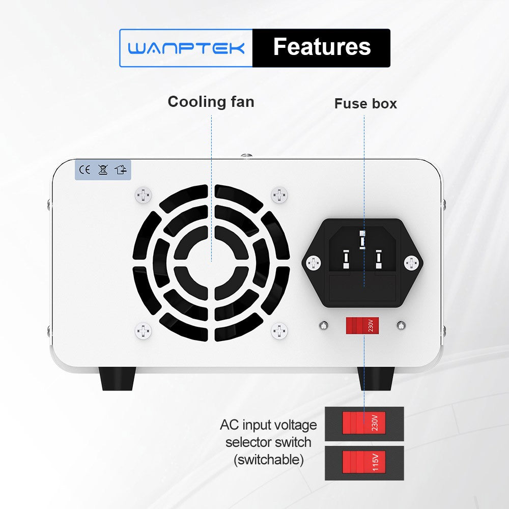 WANPTEK TPS3010 Adjustable Regulated DC Power Supply, 30V 10A, Encoder Adjustment, USB Type-C Fast Charge, 4-Digit Display, Low Noise, A/V Switching, Cooling Fan White - UK Plug