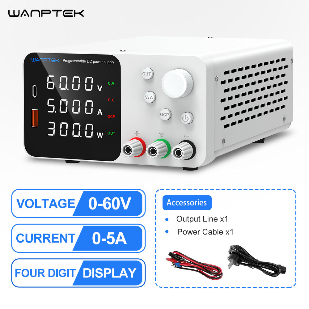 WANPTEK TPS605 Adjustable Regulated DC Power Supply, 60V 5A, Encoder Adjustment, USB Type-C Fast Charging, 4-Digit Display, Low Noise, A/V Switching, Cooling Fan White - EU Plug