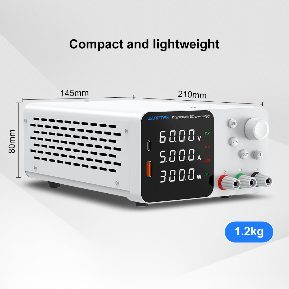 WANPTEK TPS605 Adjustable Regulated DC Power Supply, 60V 5A, Encoder Adjustment, USB Type-C Fast Charging, 4-Digit Display, Low Noise, A/V Switching, Cooling Fan White - EU Plug