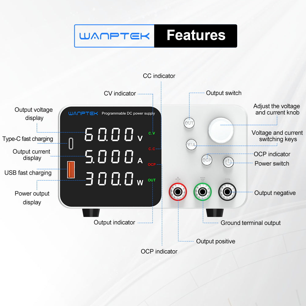 WANPTEK TPS605 Adjustable Regulated DC Power Supply, 60V 5A, Encoder Adjustment, USB Type-C Fast Charging, 4-Digit Display, Low Noise, A/V Switching, Cooling Fan White - EU Plug