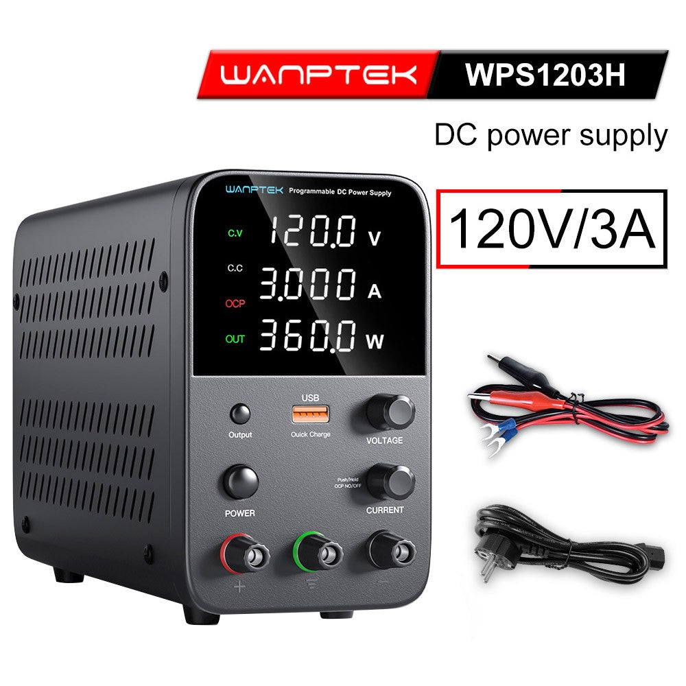 WANPTEK WPS1203 Programmable Regulated DC Power Supply, 120V 3A, Encoder Adjustment, USB Fast Charge, Intelligent Temperature Control, 4-Digit Display, Low Ripple, Low Noise Black - EU Plug