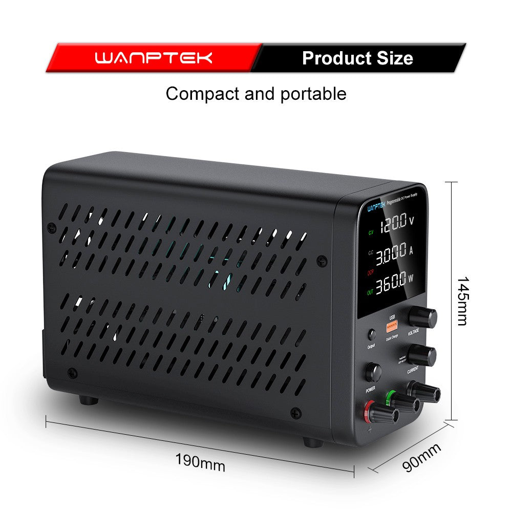 WANPTEK WPS1203 Programmable Regulated DC Power Supply, 120V 3A, Encoder Adjustment, USB Fast Charge, Intelligent Temperature Control, 4-Digit Display, Low Ripple, Low Noise Black - EU Plug