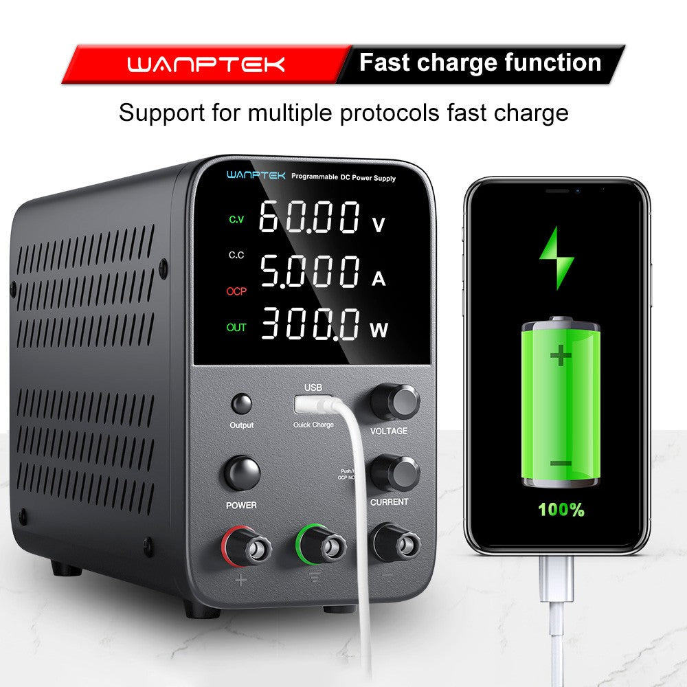 WANPTEK WPS605 Programmable Regulated DC Power Supply, 60V 5A, Encoder Adjustment, USB Fast Charge, Intelligent Temperature Control, 4-Digit Display, Low Ripple, Low Noise Black - UK Plug