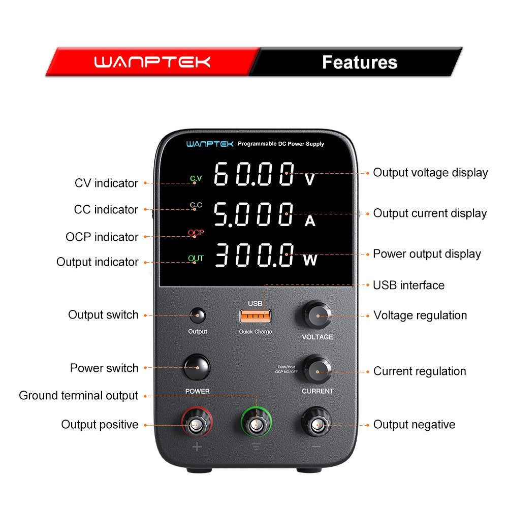 WANPTEK WPS605 Programmable Regulated DC Power Supply, 60V 5A, Encoder Adjustment, USB Fast Charge, Intelligent Temperature Control, 4-Digit Display, Low Ripple, Low Noise Black - UK Plug