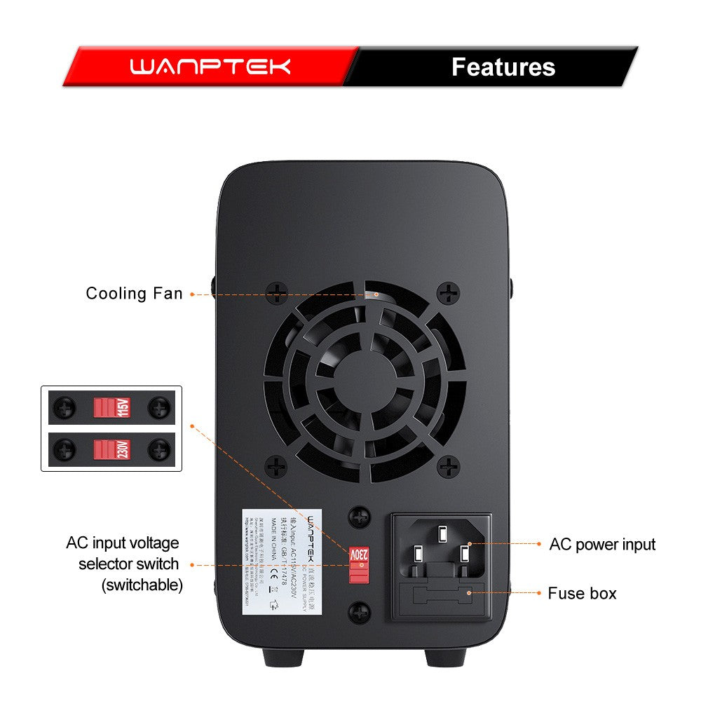 WANPTEK WPS605 Programmable Regulated DC Power Supply, 60V 5A, Encoder Adjustment, USB Fast Charge, Intelligent Temperature Control, 4-Digit Display, Low Ripple, Low Noise Black - UK Plug