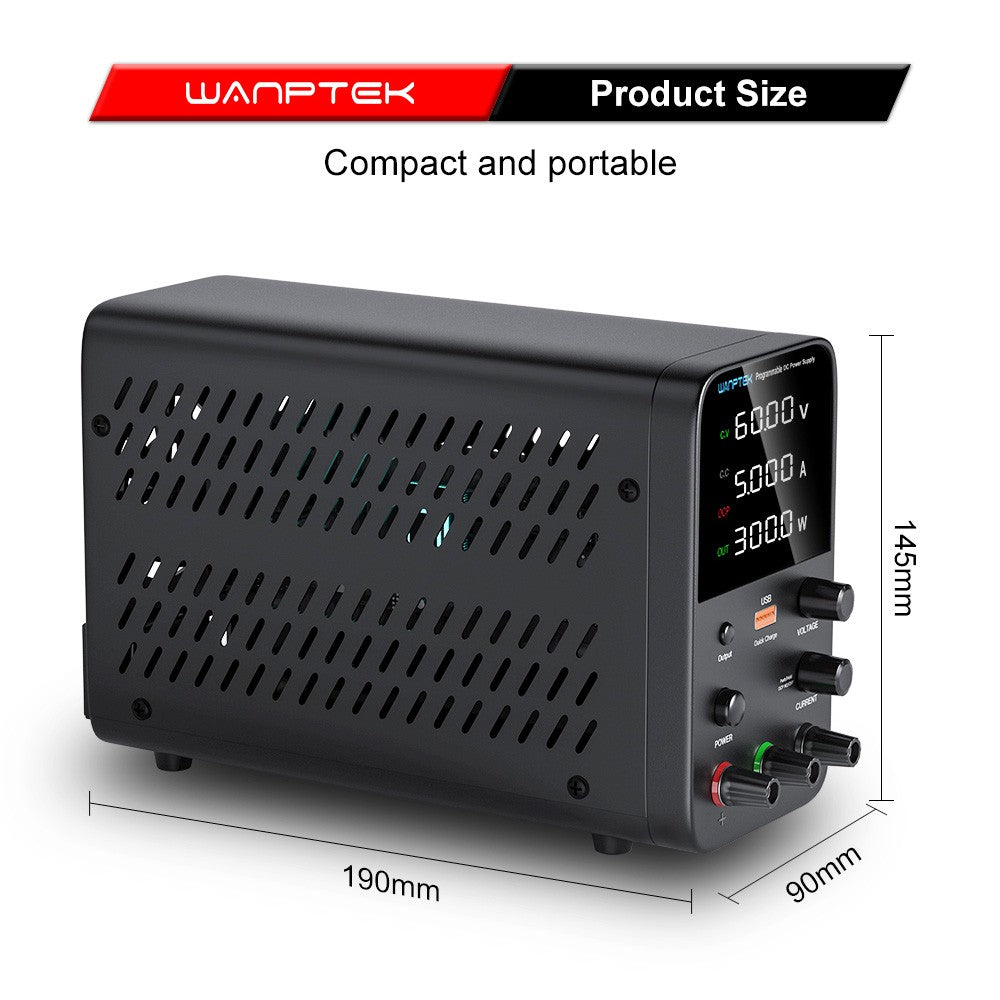 WANPTEK WPS605 Programmable Regulated DC Power Supply, 60V 5A, Encoder Adjustment, USB Fast Charge, Intelligent Temperature Control, 4-Digit Display, Low Ripple, Low Noise Black - UK Plug