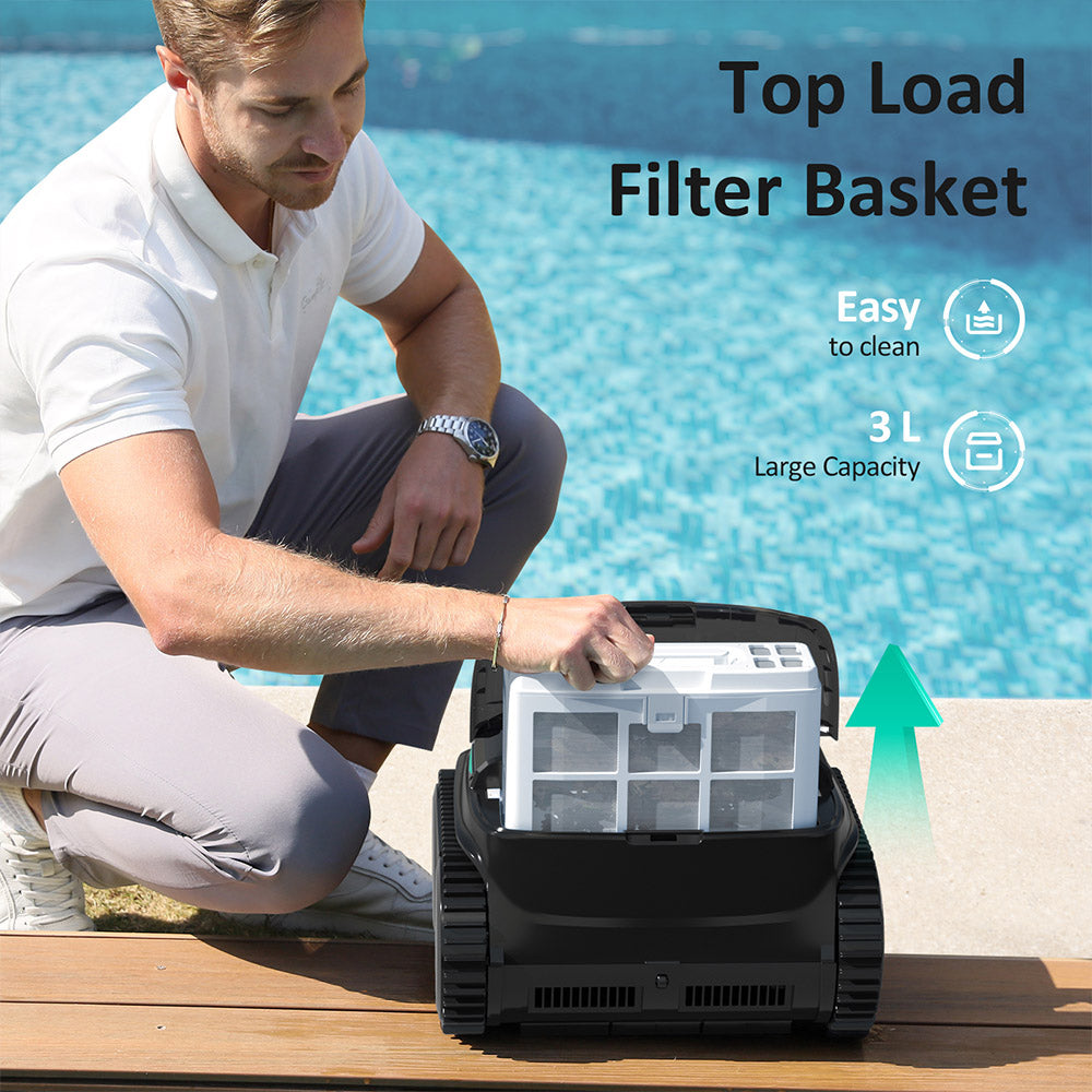WYBOT C2 Vision Cordless Pool Robot Vacuum, Debris Detection with AI Camera, 8-in-1 Master Cleaning, Two-Layer Filtration, Brushless Motors for Powerful Suction, for Pools up to 1940Sq.ft, Black Green