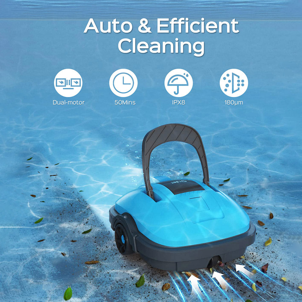 WYBOT WY1102 Cordless Pool Robot Vacuum, Dual Motor, Max 50min Runtime, Up to 525sq.ft, for Flat-bottom Pools, Blue
