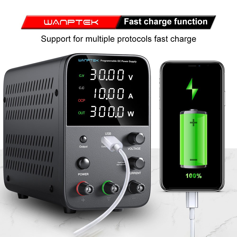 WANPTEK WPS3010 Programmable Regulated DC Power Supply, 30V 10A, Encoder Adjustment, USB Fast Charge, Intelligent Temperature Control, 4-Digit Display, Low Ripple, Low Noise Black - US Plug