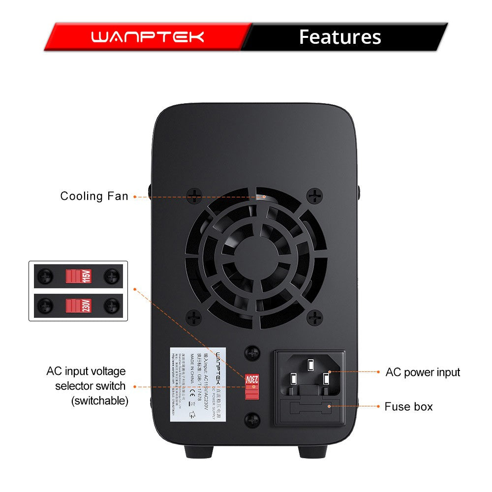 WANPTEK WPS3010 Programmable Regulated DC Power Supply, 30V 10A, Encoder Adjustment, USB Fast Charge, Intelligent Temperature Control, 4-Digit Display, Low Ripple, Low Noise Black - US Plug