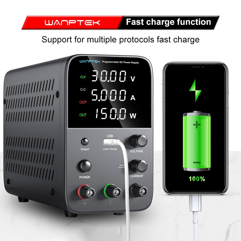WANPTEK WPS305 Programmable Regulated DC Power Supply, 30V 5A, Encoder Adjustment, USB Fast Charge, Intelligent Temperature Control, 4-Digit Display, Low Ripple, Low Noise Black - EU Plug