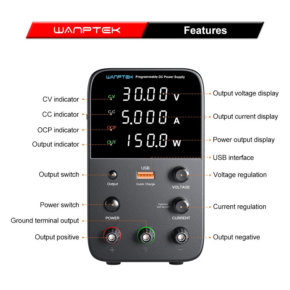 WANPTEK WPS305 Programmable Regulated DC Power Supply, 30V 5A, Encoder Adjustment, USB Fast Charge, Intelligent Temperature Control, 4-Digit Display, Low Ripple, Low Noise Black - EU Plug