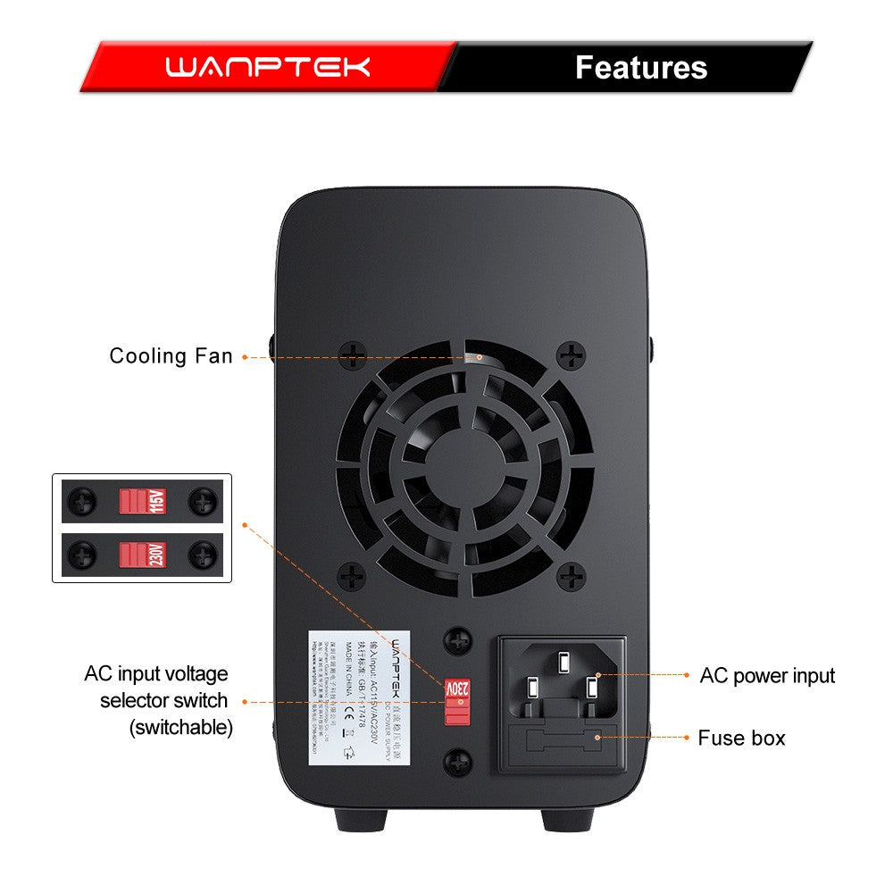WANPTEK WPS305 Programmable Regulated DC Power Supply, 30V 5A, Encoder Adjustment, USB Fast Charge, Intelligent Temperature Control, 4-Digit Display, Low Ripple, Low Noise Black - EU Plug