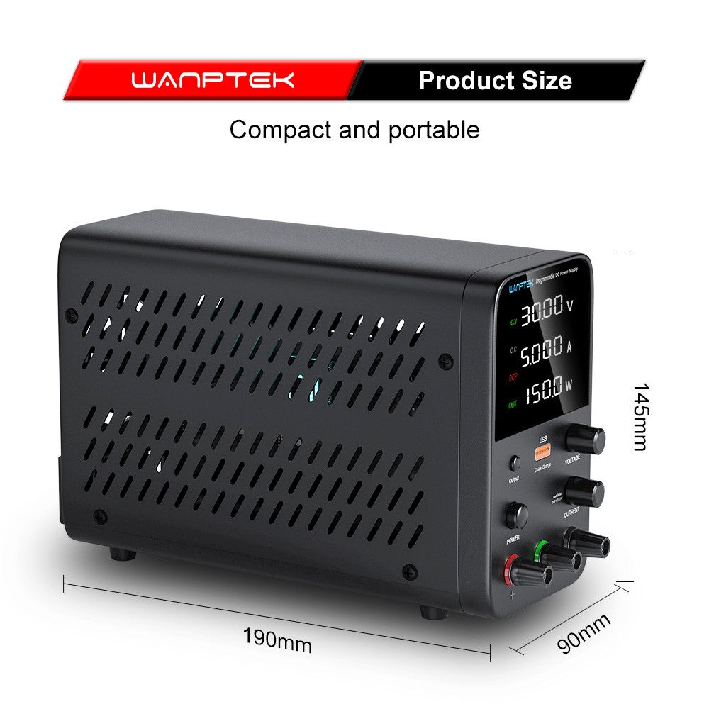 WANPTEK WPS305 Programmable Regulated DC Power Supply, 30V 5A, Encoder Adjustment, USB Fast Charge, Intelligent Temperature Control, 4-Digit Display, Low Ripple, Low Noise Black - EU Plug