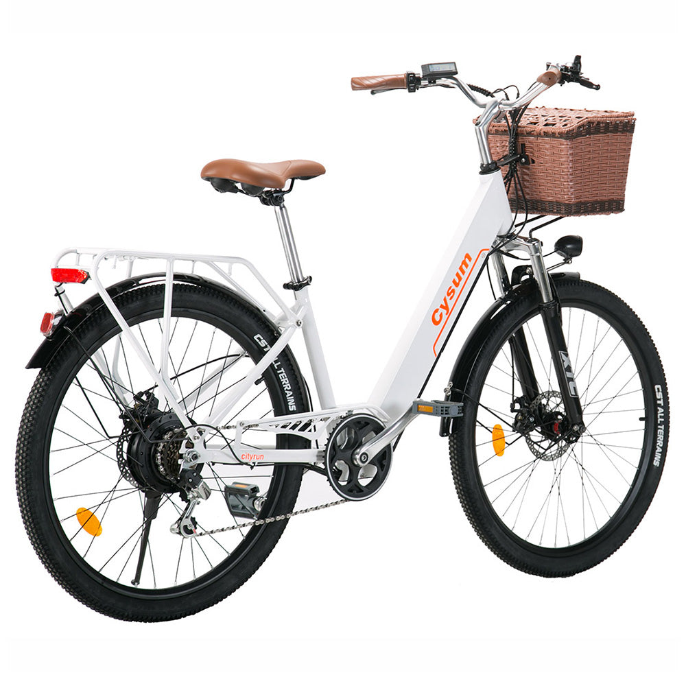 CYSUM Cityrun-26 Step-Thru Electric City Bike 26 Inch Tire 250W Motor 36V 10Ah Battery 25km/h Max Speed 30-50km Range SHIMANO 7-speed Gear Dual Disc Brake - White