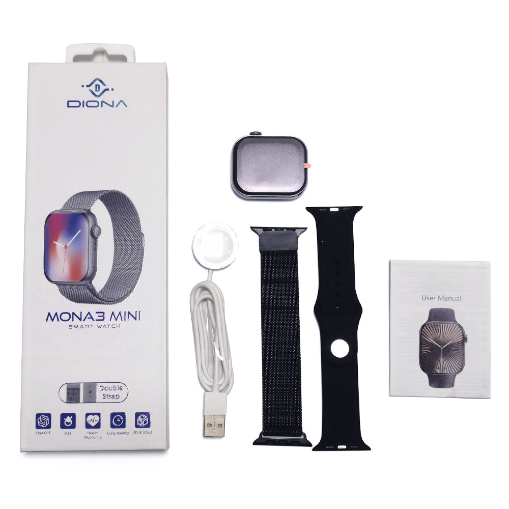 DIONA MONA3 Mini Smartwatch, 2.1-inch Screen, Health & Sleep Monitoring, Bluetooth Calling, Multiple Sports Modes, Voice Assistant - Black