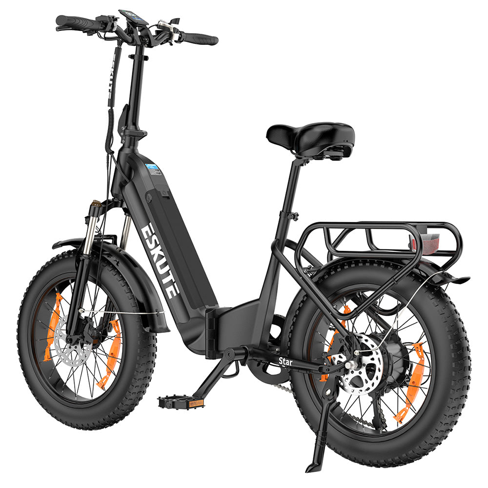 ESKUTE Star Folding Electric Bike 20*4.0 inch Fat Tire 250W Motor 25KM/H Max Speed 36V 25Ah Battery 100km Range Shimano 7-Speed Gear Hydraulic Disc Brakes - Black