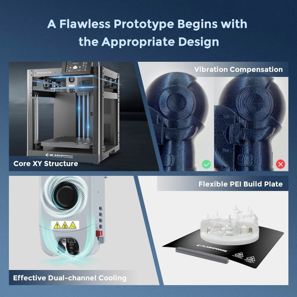 Flashforge Adventurer 5M 3D Printer, Auto Leveling, 600mm/s Max Sprinting Speed, Filament Runout Reminder, Power Loss Recovery, 4.3-inch LCD Touchscreen, WiFi Connection, 220x220x220mm