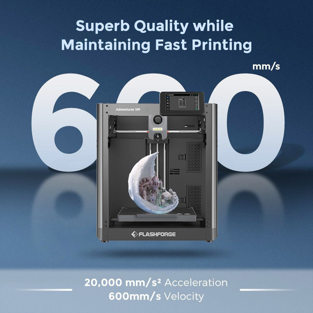 Flashforge Adventurer 5M 3D Printer, Auto Leveling, 600mm/s Max Sprinting Speed, Filament Runout Reminder, Power Loss Recovery, 4.3-inch LCD Touchscreen, WiFi Connection, 220x220x220mm