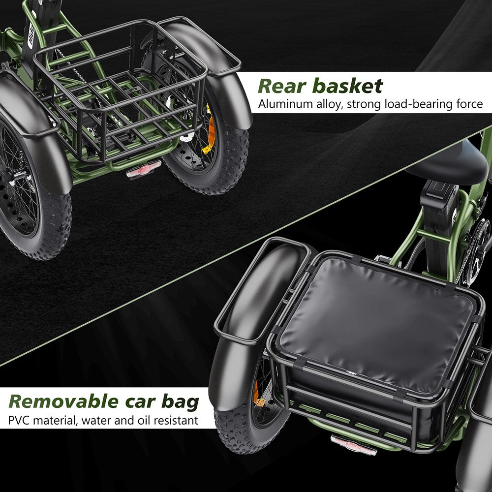 Hidoes HD-ET1 Electric Tricycle with Rear Rack 150kg Load, 750W 85NM torque Rear Drive Motor, 960Wh (48V 20Ah) Removable Battery Max 65km Range, 20*4.0-inch Tire, 3* Disc Brake, Front Lockable Suspension, 7 Gear Reverse and Park Button