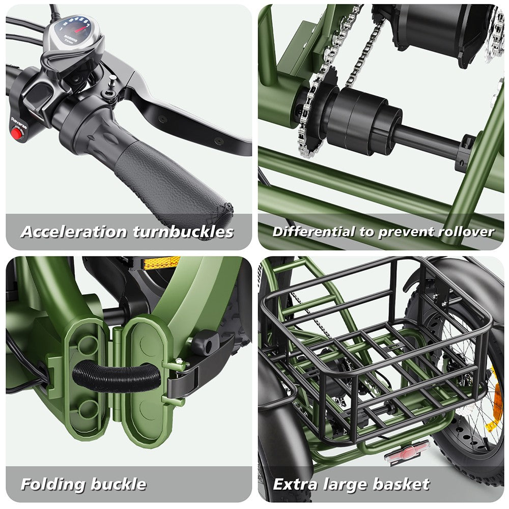 Hidoes HD-ET1 Electric Tricycle with Rear Rack 150kg Load, 750W 85NM torque Rear Drive Motor, 960Wh (48V 20Ah) Removable Battery Max 65km Range, 20*4.0-inch Tire, 3* Disc Brake, Front Lockable Suspension, 7 Gear Reverse and Park Button