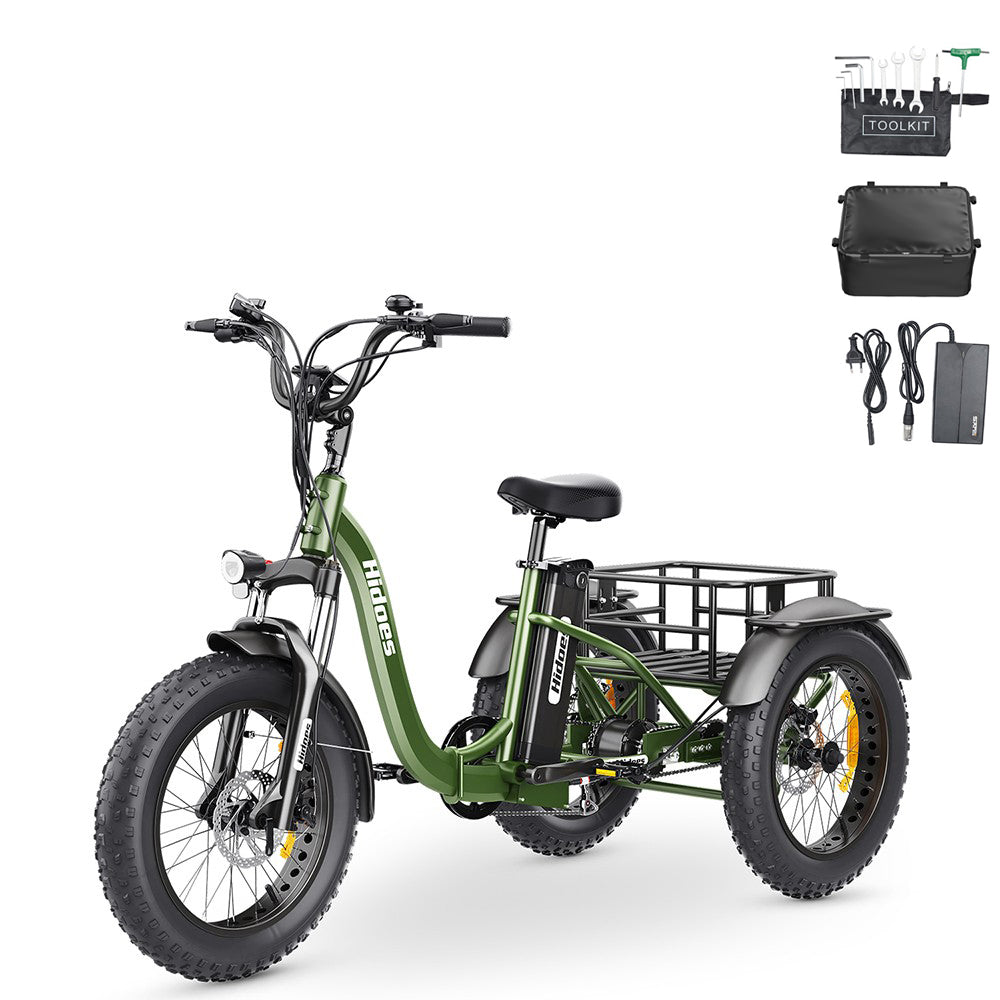 Hidoes HD-ET1 Electric Tricycle with Rear Rack 150kg Load, 750W 85NM torque Rear Drive Motor, 960Wh (48V 20Ah) Removable Battery Max 65km Range, 20*4.0-inch Tire, 3* Disc Brake, Front Lockable Suspension, 7 Gear Reverse and Park Button