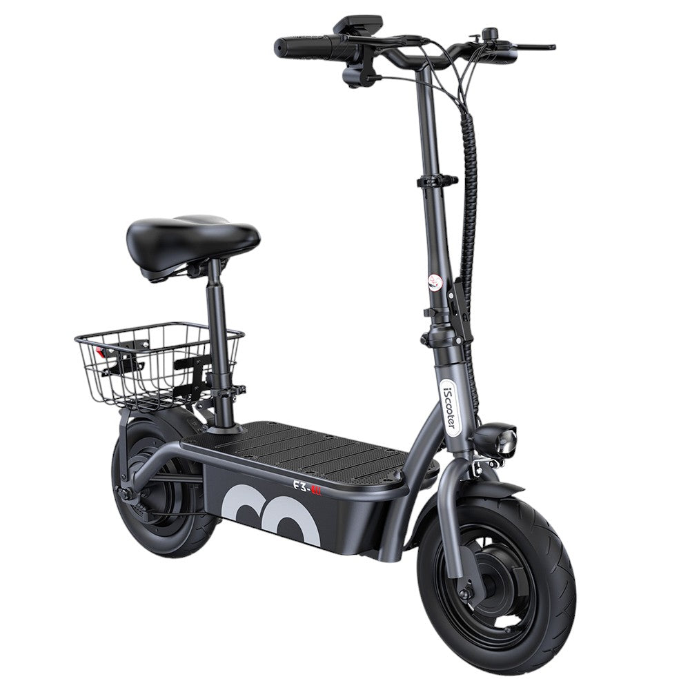 iScooter F3 Electric Scooter with Seat & Rear Basket, 1000W Motor, 48V 13Ah Battery, 10 inch Pneumatic Tire, 45km/h Max Speed, 60km Range, Front & Rear Drum Brake, 120kg Max Load