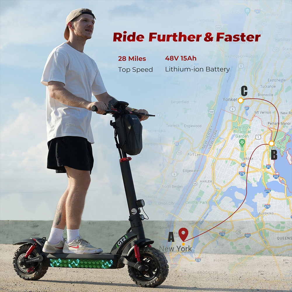isinwheel GT2 Off-road Electric Scooter, 800W Motor, 48V 15Ah Battery, 11-inch Pneumatic Tires, 45km/h Max Speed, 45km Max Range, Disc Brake, Quadruple Shock Absorber - Black