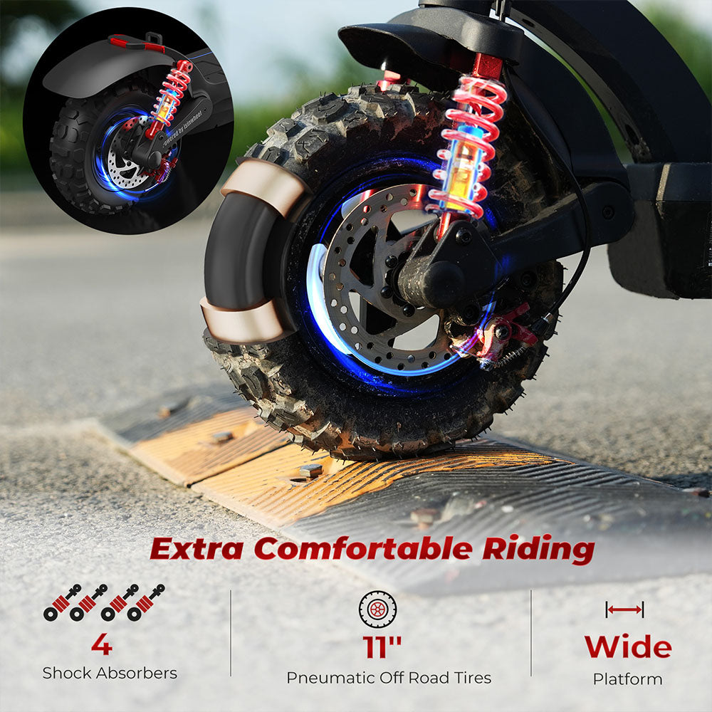 isinwheel GT2 Off-road Electric Scooter, 800W Motor, 48V 15Ah Battery, 11-inch Pneumatic Tires, 45km/h Max Speed, 45km Max Range, Disc Brake, Quadruple Shock Absorber - Black