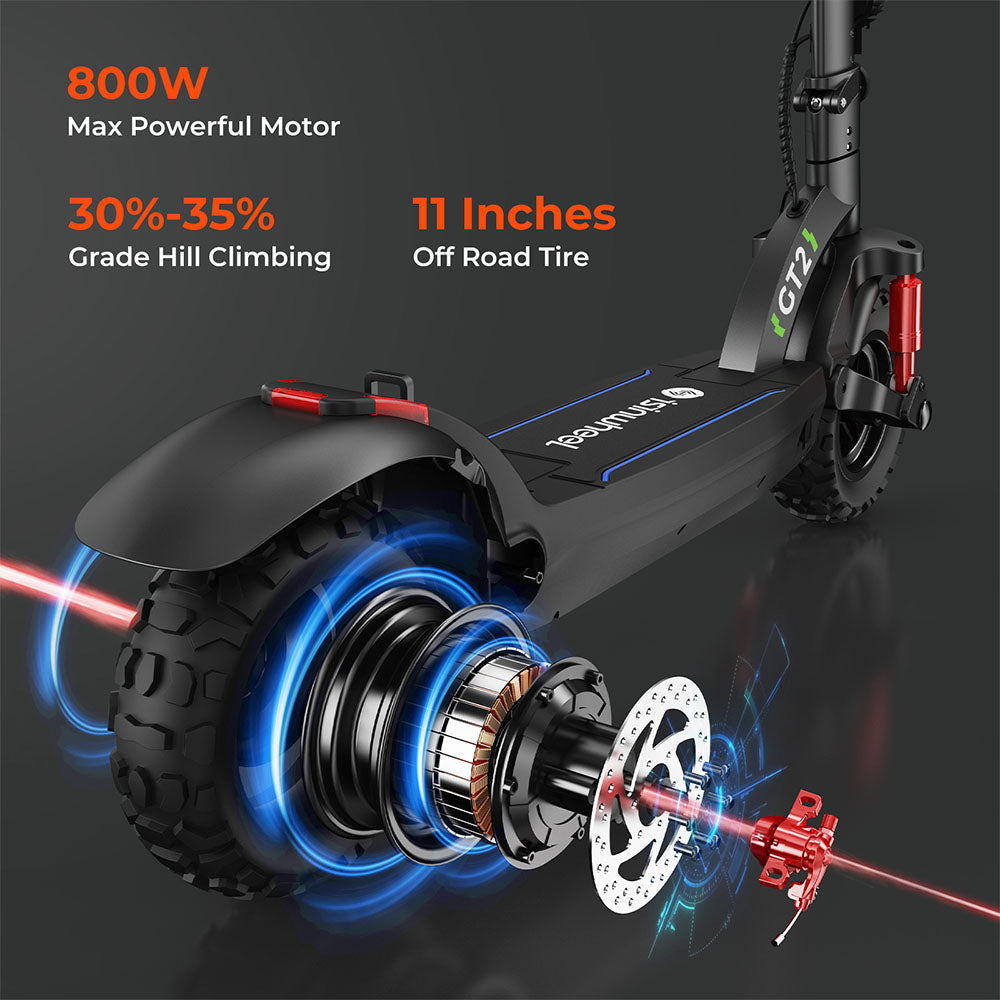 isinwheel GT2 Off-road Electric Scooter, 800W Motor, 48V 15Ah Battery, 11-inch Pneumatic Tires, 45km/h Max Speed, 45km Max Range, Disc Brake, Quadruple Shock Absorber - Black