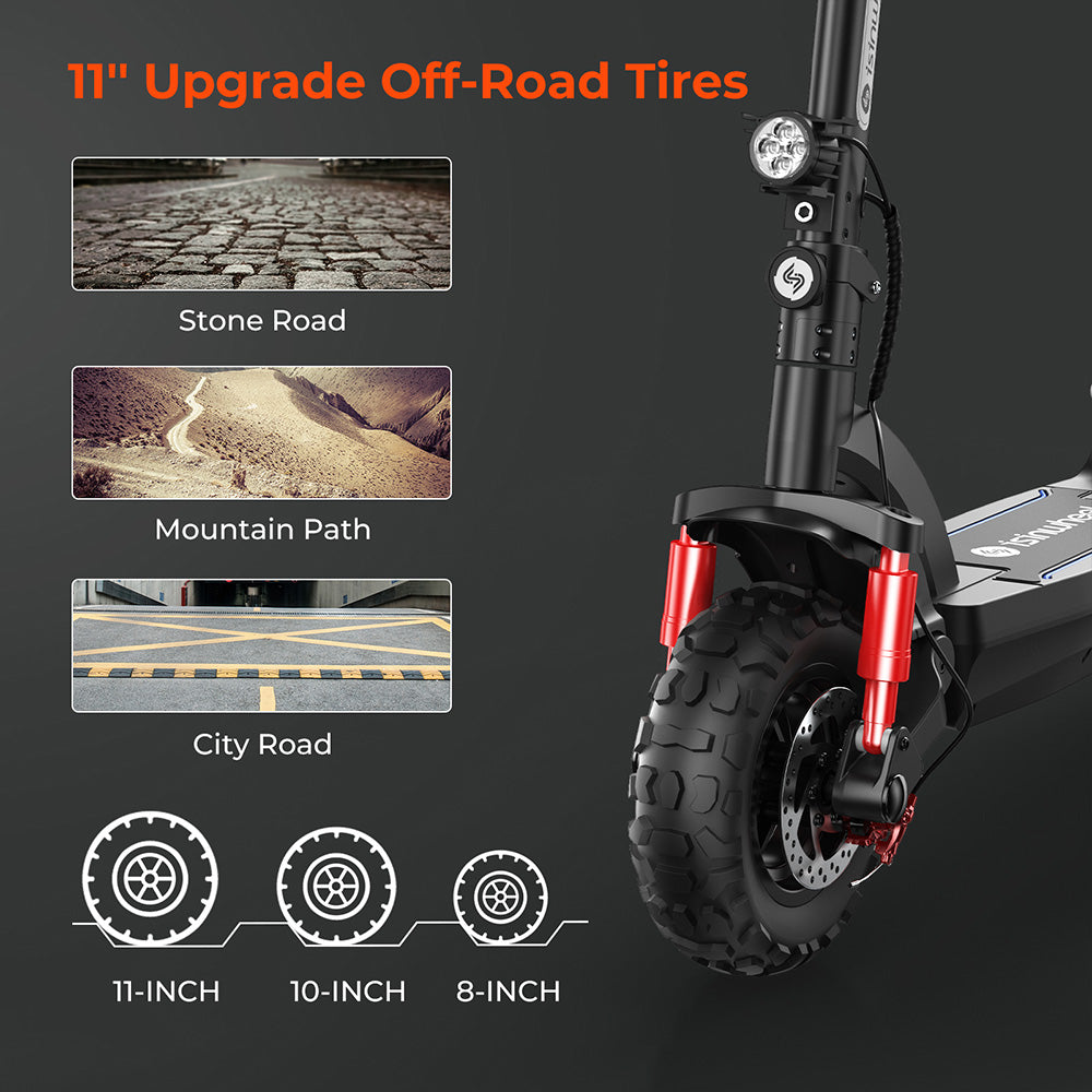 isinwheel GT2 Off-road Electric Scooter, 800W Motor, 48V 15Ah Battery, 11-inch Pneumatic Tires, 45km/h Max Speed, 45km Max Range, Disc Brake, Quadruple Shock Absorber - Black