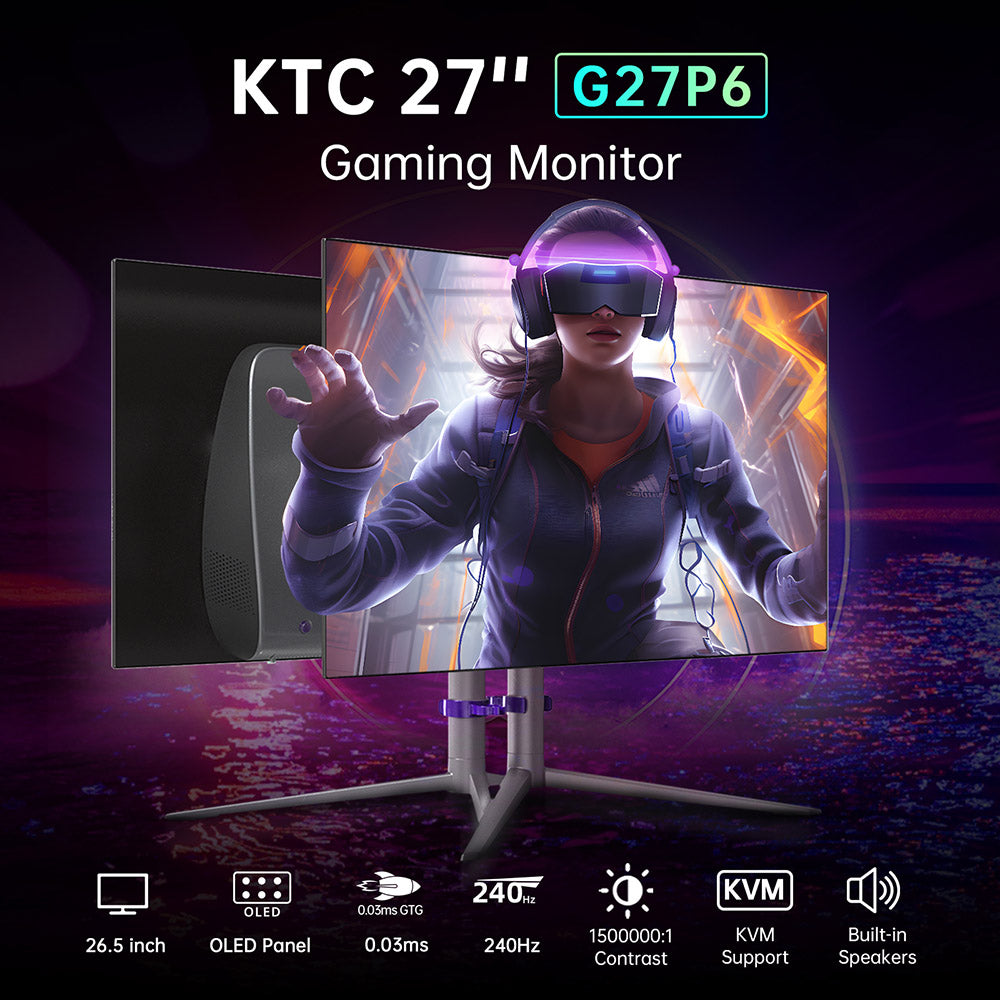 KTC G27P6 27-inch LG OLED Gaming Monitor, 2560x1440 16:9 240Hz Refresh Rate, 1500000:1 Constrast Ratio, 136% sRGB HDR10 0.03ms GTG Response Time, Low Blue FreeSync&G-Sync, 3xUSB3.0 2xHDMI2.0 DP1.4 Type-C, Built-in Speakers KVM 65W Reverse Charge VESA