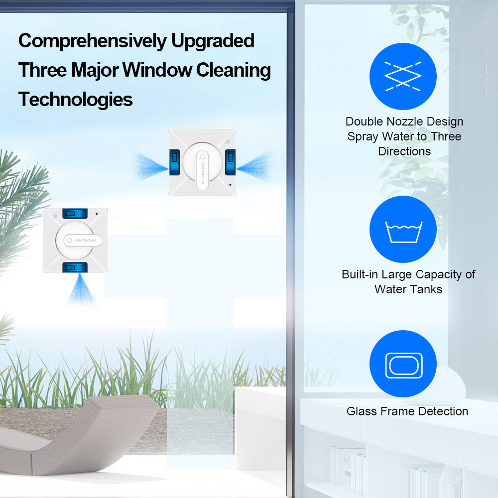 Liectroux YW509 Robot Window Vacuum Cleaner, Double Water Spray, 3000Pa Suction Power, Laser Sensor Anti-fall, 3 Cleaning Modes, Intelligent Path Planning, Low Noise, Remote Control - White