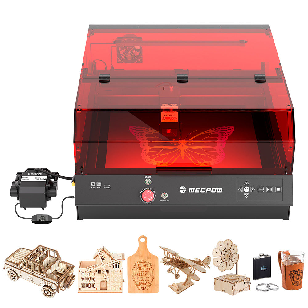 Mecpow X4 Pro 22W FDA Class 1 Laser Engraving Machine, Built-in Camera, 22000mm/min Speed, 0.08x0.1mm Laser Spot, Emergency Stop, Offline Work, Protective Cover & Integrated Air Assist, Support LightBurn/ LaserGRBL/ MKSLaser, 410*400mm