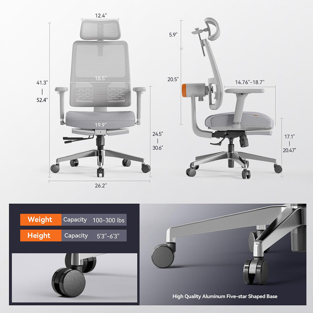 NEWTRAL MagicH-GPRO Ergonomic Chair with Footrest, Auto-Following Backrest Headrest, Adaptive Lower Back Support, Adjustable Armrest, 4 Positions to Lock - Grey