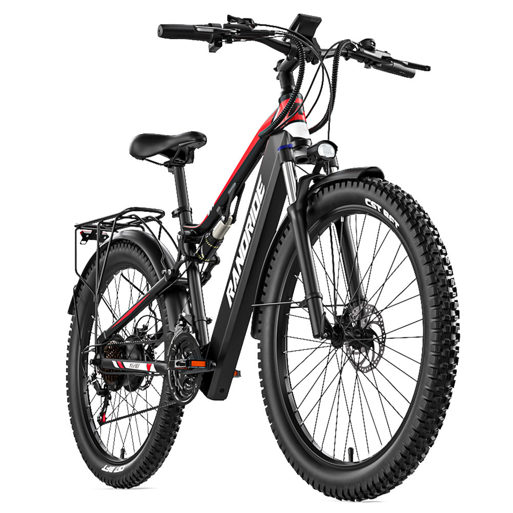 RANDRIDE YG90B Electric Bike 1000W Motor 45km/h Max Speed 48V 17Ah Removable battery 80-90KM Max Range 27.5*2.4'' CST Tires 120kg Load Shimano 21 Gears Hydraulic brake - Black & Red