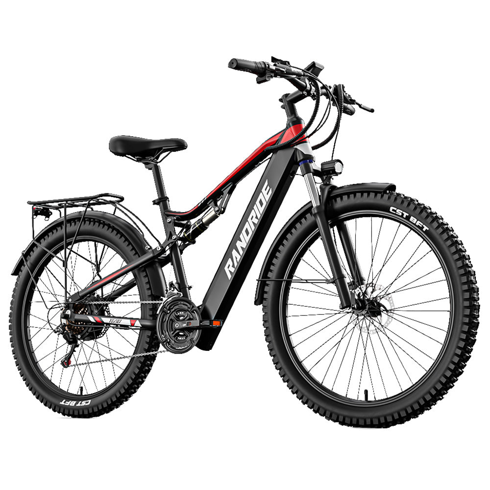 RANDRIDE YG90B Electric Bike 1000W Motor 45km/h Max Speed 48V 17Ah Removable battery 80-90KM Max Range 27.5*2.4'' CST Tires 120kg Load Shimano 21 Gears Hydraulic brake - Black & Red