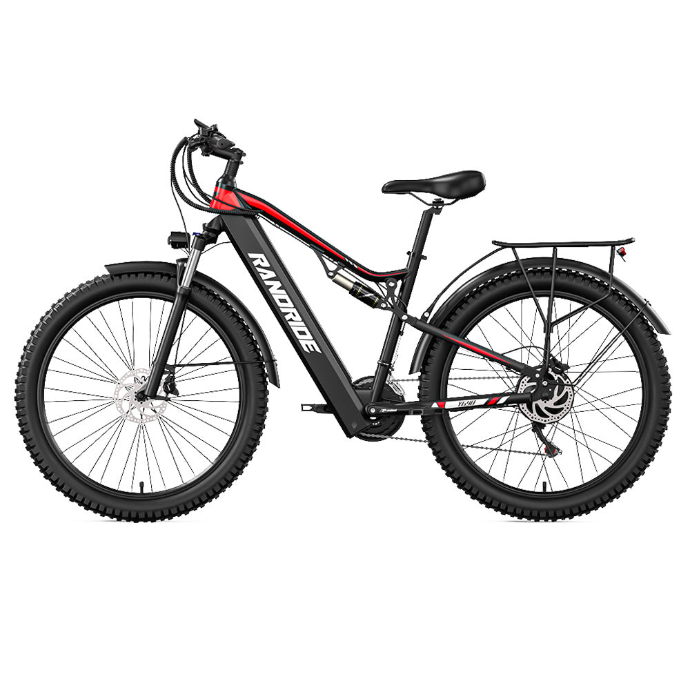 RANDRIDE YG90B Electric Bike 1000W Motor 45km/h Max Speed 48V 17Ah Removable battery 80-90KM Max Range 27.5*2.4'' CST Tires 120kg Load Shimano 21 Gears Hydraulic brake - Black & Red