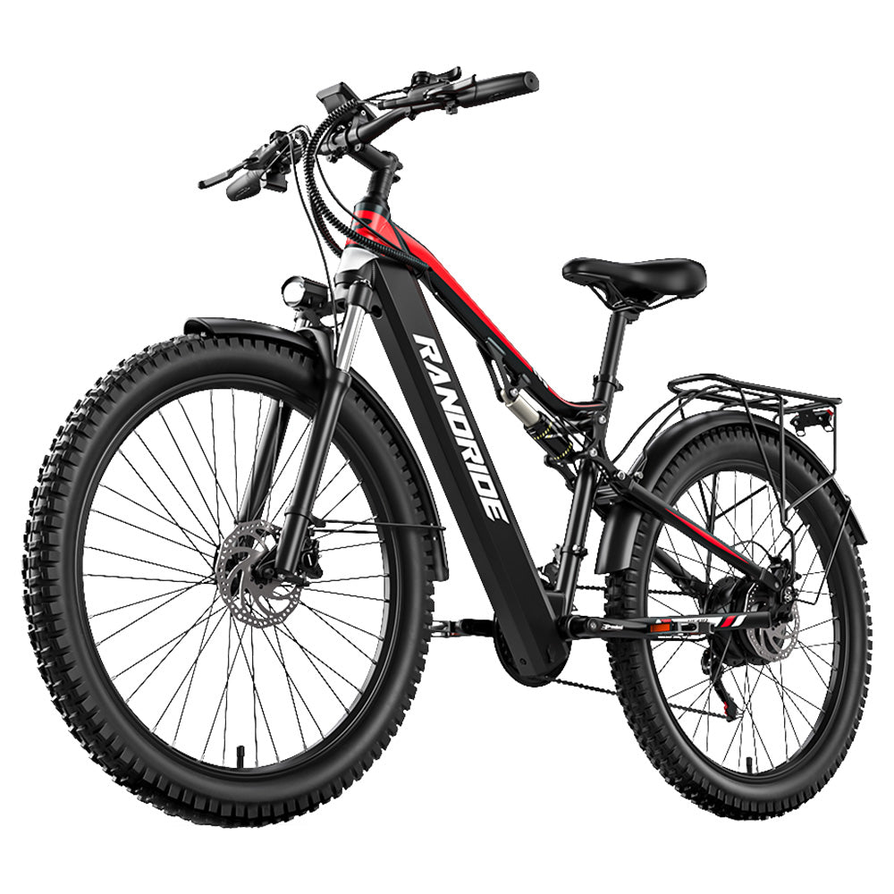 RANDRIDE YG90B Electric Bike 1000W Motor 45km/h Max Speed 48V 17Ah Removable battery 80-90KM Max Range 27.5*2.4'' CST Tires 120kg Load Shimano 21 Gears Hydraulic brake - Black & Red