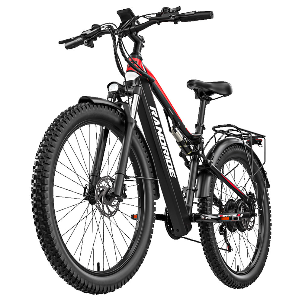 RANDRIDE YG90B Electric Bike 1000W Motor 45km/h Max Speed 48V 17Ah Removable battery 80-90KM Max Range 27.5*2.4'' CST Tires 120kg Load Shimano 21 Gears Hydraulic brake - Black & Red