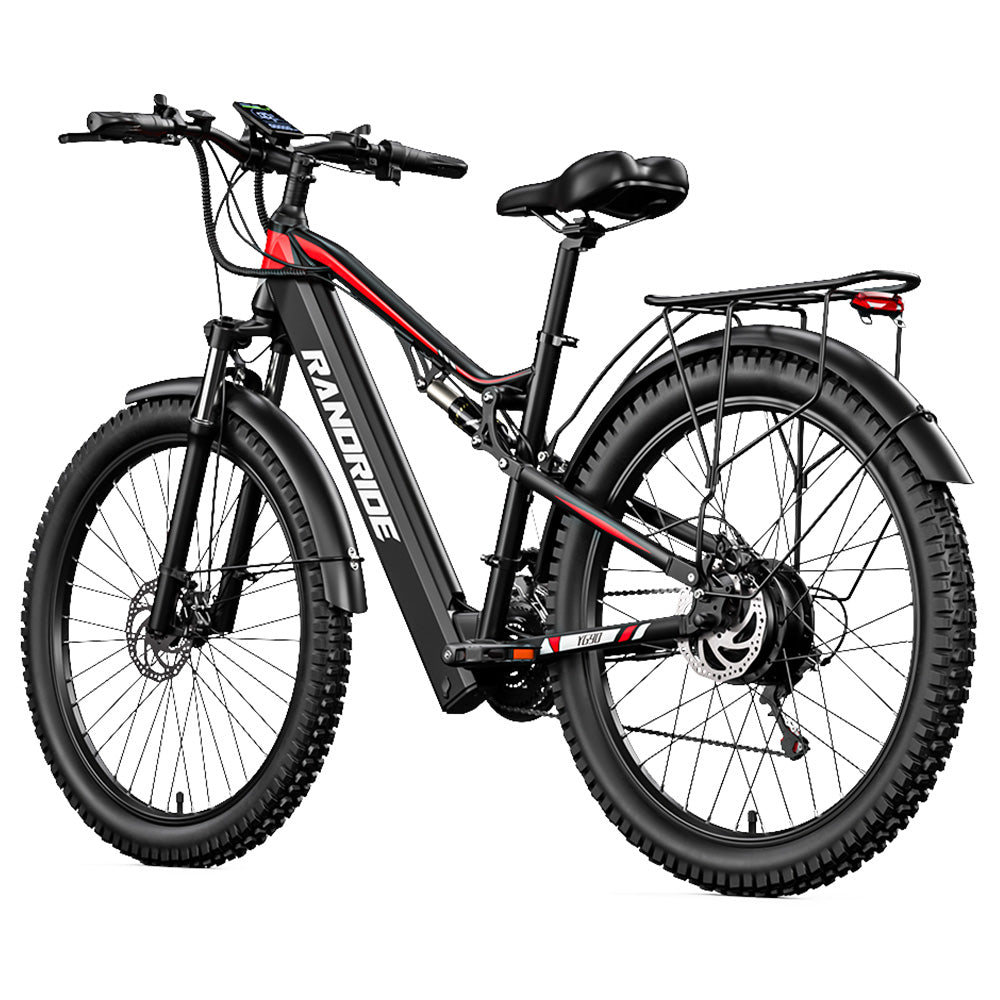 RANDRIDE YG90B Electric Bike 1000W Motor 45km/h Max Speed 48V 17Ah Removable battery 80-90KM Max Range 27.5*2.4'' CST Tires 120kg Load Shimano 21 Gears Hydraulic brake - Black & Red