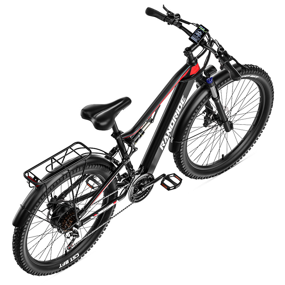 RANDRIDE YG90B Electric Bike 1000W Motor 45km/h Max Speed 48V 17Ah Removable battery 80-90KM Max Range 27.5*2.4'' CST Tires 120kg Load Shimano 21 Gears Hydraulic brake - Black & Red