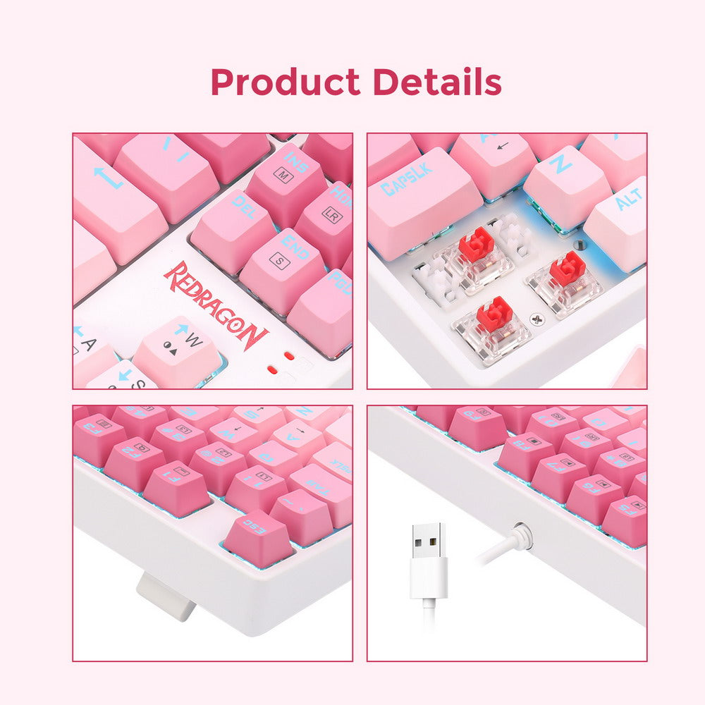 Redragon K576W-GP DAKSA TKL Wired Mechanical Keyboard 87 Keys Gradient PBT Keycap Red Switch - Pink