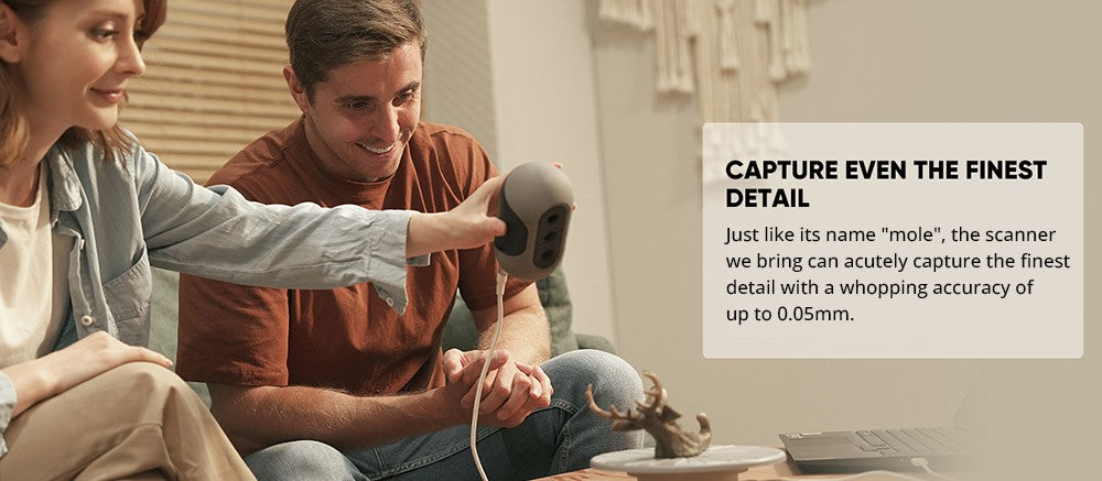 3D Makerpro Mole Standard 3D skener, presnosť 0,05 mm, rozlíšenie 0,1 mm, pracovná vzdialenosť 150–400 mm, s technológiou Multi-Spectral, podporuje skenovanie tvárí.